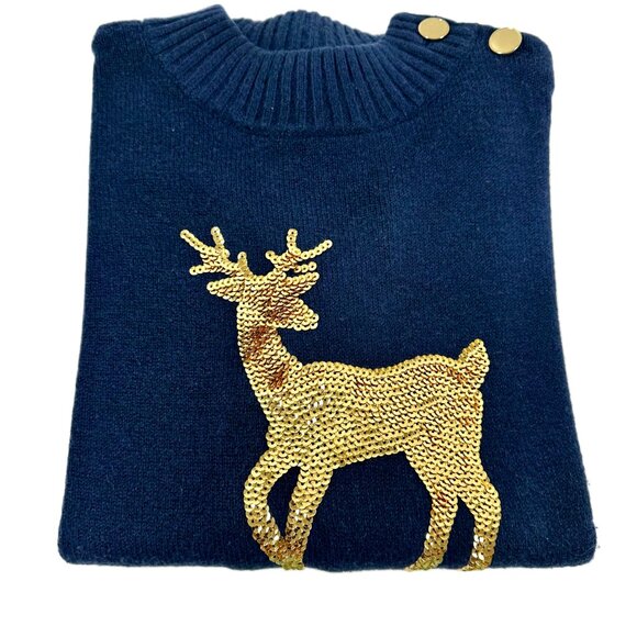 Talbots Sequin Reindeer Mockneck Sweater Blue Gold Buttons M Petite Holiday Look - Picture 5 of 14